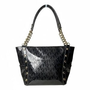 Michael Kors Black Patent Leather Monogram Tote Bag Gold Chain Studded Shoulder